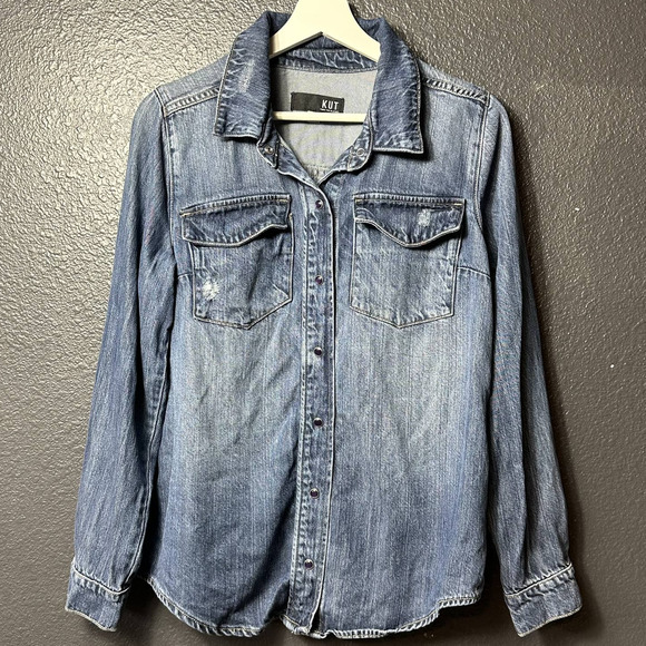 KUT From The Kloth Women's Button-Down Blue Denim Long Sleeve Shirt Size Medium - Picture 3 of 10